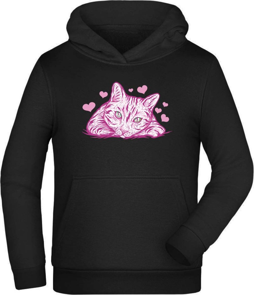 Kids Hoodie Hooded Sweatshirt - Cat with Pink Hearts i122